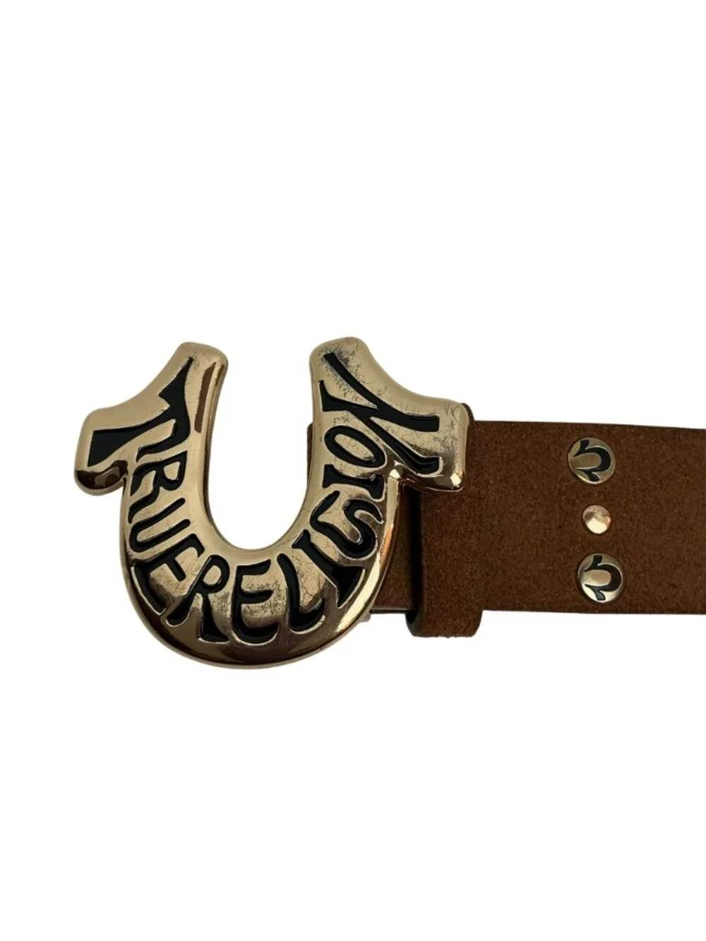 New True Religion Gold Logo Horseshoe Buckle Suede Leather Belt Mens Small Bro